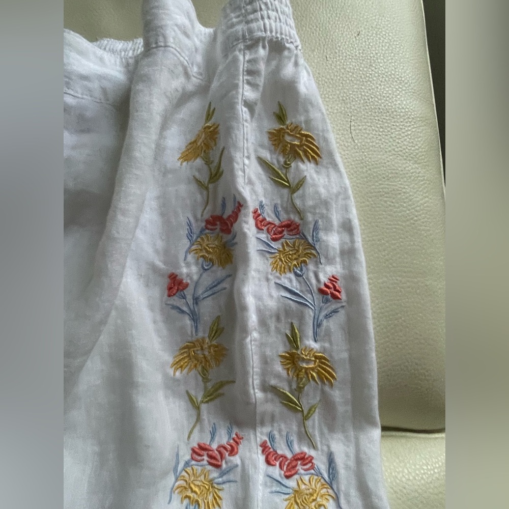 Calypso St.Barth Eyelet Flower Embroidery White Linen Pant PullOn Straight M NWT - Picture 2 of 9